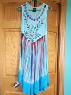 Rima Sleeveless Aqua Floral Hand-painted Maxi Dress Free Size